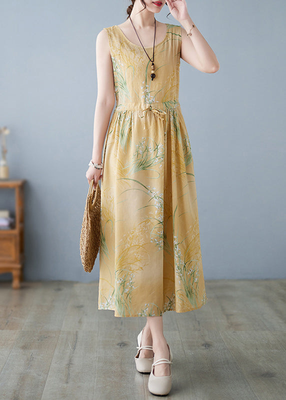 New Yellow Print Lace Up Pockets Cotton Dress Sleeveless