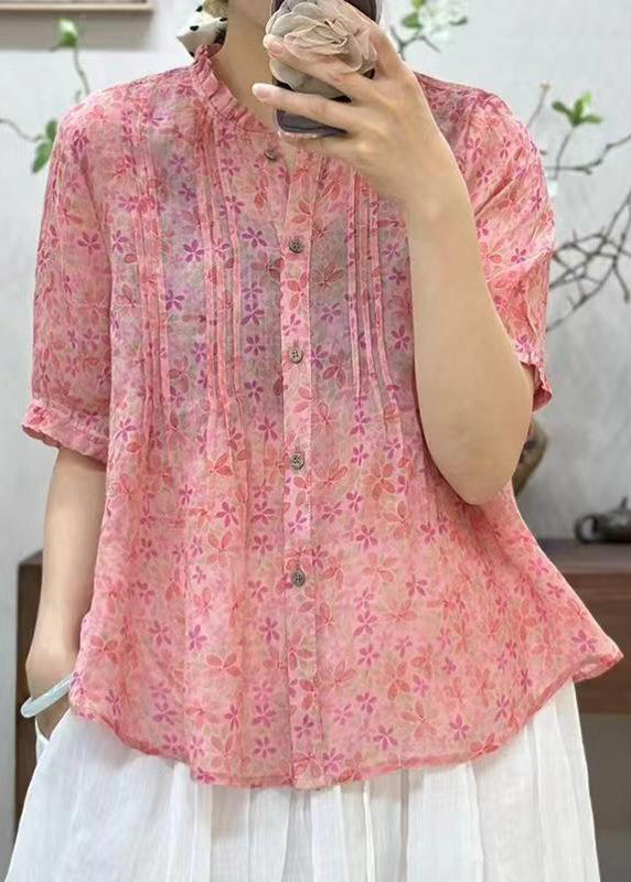 New Pink Ruffled Button Print Linen Shirt Summer