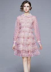 New Pink Ruffled Lace Button Patchwork Tulle Mid Dress Summer