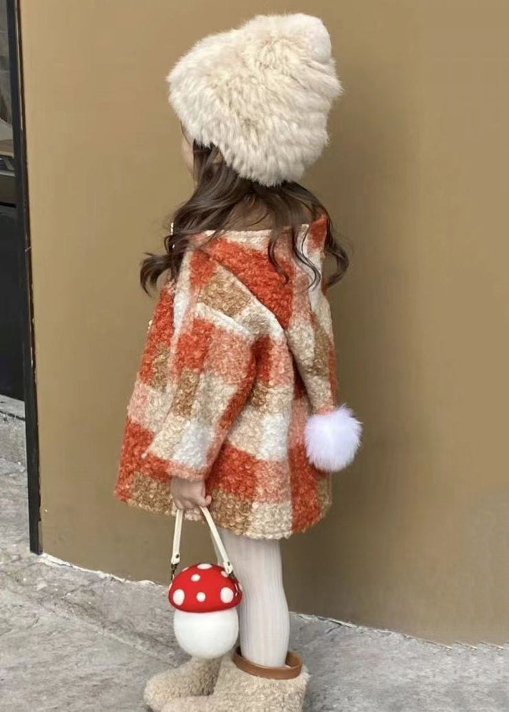 New Plaid Hooded Button Woolen Girls Coat Long Sleeve