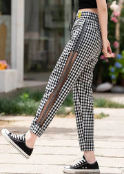 New Plaid Pockets Elastic Waist Ice Silk Crop Pants Summer