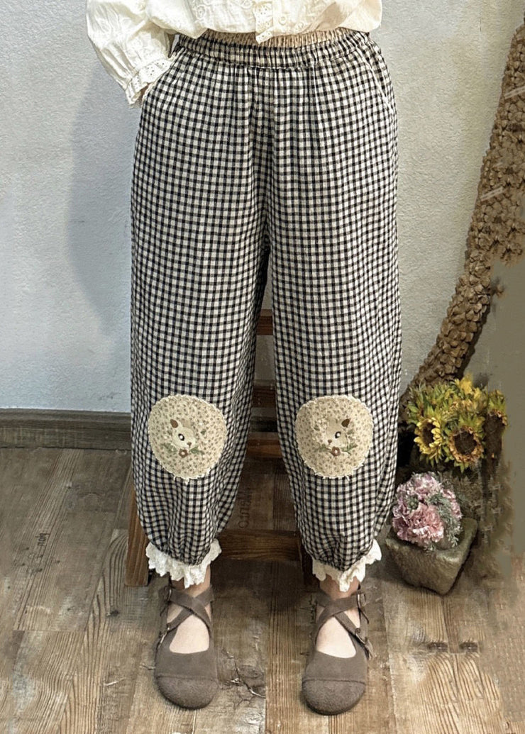 New Plaid Pockets Elastic Waist Patchwork Cotton Crop Pants Spring