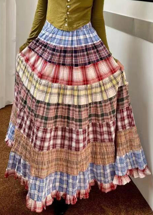 New Plaid Wrinkled High Waist Patchwork Cotton Maxi Skirts Fall