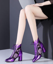 New Purple Breathable Mesh Splicing Cowhide Leather Chunky Boots