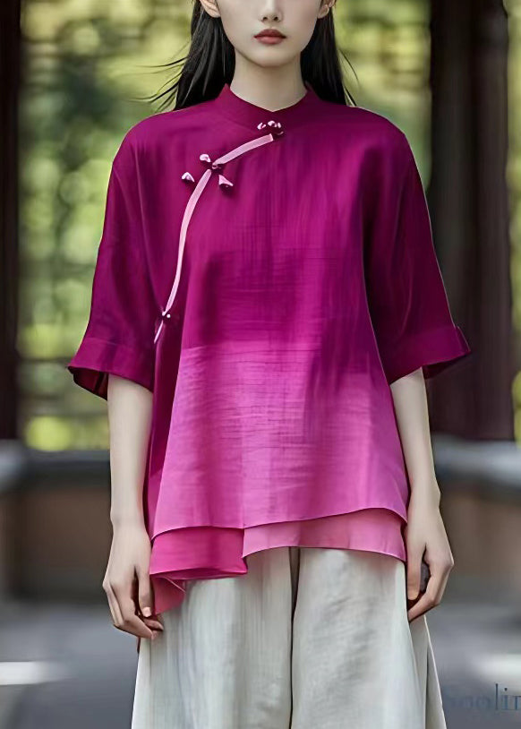 New Purple Gradient Color Stand Collar Cotton Tops Half Sleeve