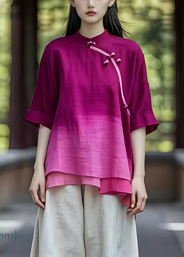 New Purple Gradient Color Stand Collar Cotton Tops Half Sleeve