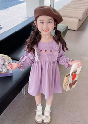 New Purple O-Neck Ruffled Cotton Girls Dress Flare Sleeve