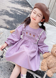 New Purple O-Neck Ruffled Cotton Girls Dress Flare Sleeve