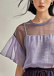 New Purple O Neck Solid Cotton Top Short Sleeve