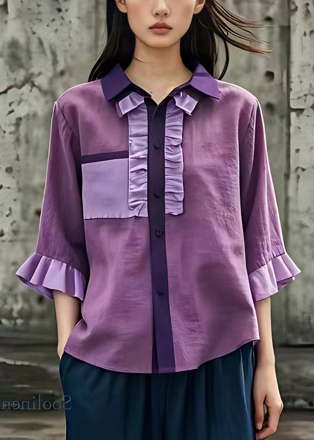 New Purple Peter Pan Collar Ruffled Linen Shirt Bracelet Sleeve