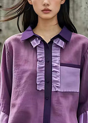 New Purple Peter Pan Collar Ruffled Linen Shirt Bracelet Sleeve