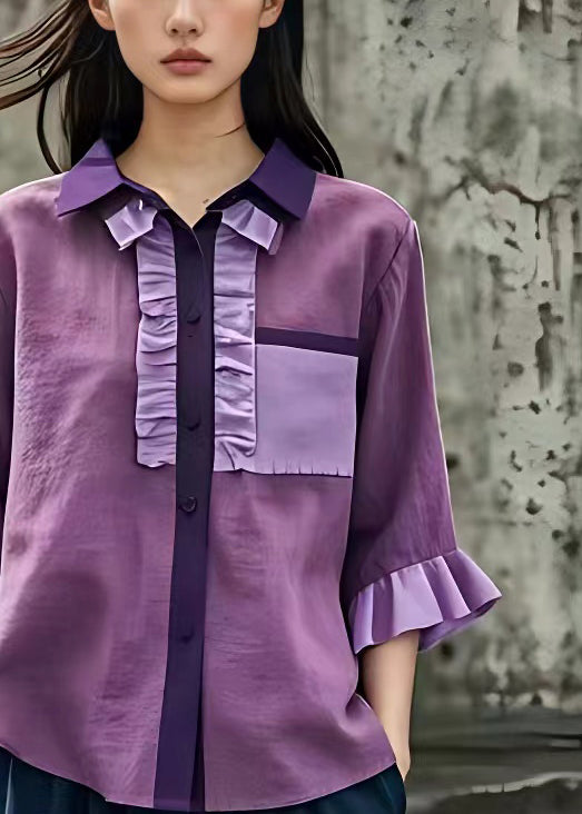 New Purple Peter Pan Collar Ruffled Linen Shirt Bracelet Sleeve