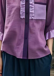 New Purple Peter Pan Collar Ruffled Linen Shirt Bracelet Sleeve