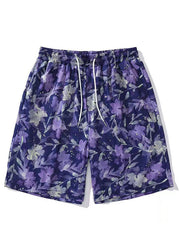 New Purple Print Lace Up Elastic Waist Cotton Men Beach Shorts Summer