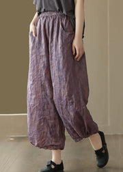 New Purple Print Pockets High Waist Linen Wide Leg Pants