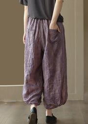 New Purple Print Pockets High Waist Linen Wide Leg Pants