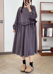 New Purple Ruffled Pockets Cotton Long Dresses Spring