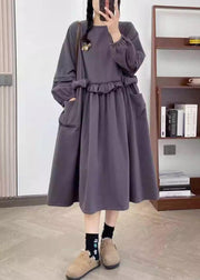 New Purple Ruffled Pockets Cotton Long Dresses Spring