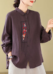 New Purple Solid Embroidered Cotton Blouses Long Sleeve