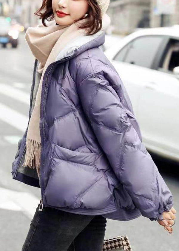 New Purple Stand Collar Pockets Duck Down Puffer Jacket Winter