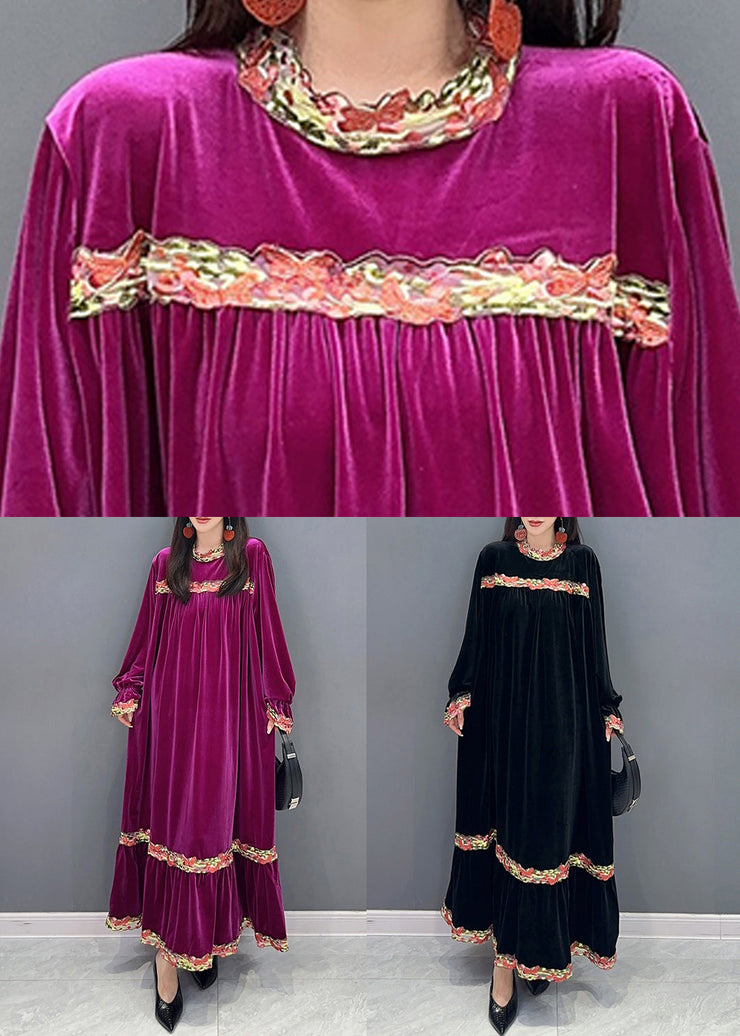 New Purple Wrinkled Patchwork Silk Velvet Long Dresses Long Sleeve