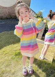 New Rainbow Hooded Lace Up Cotton Girls Sweatshirt Dress Fall