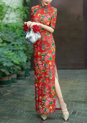 New Red Button Print Cotton Long Dresses Summer