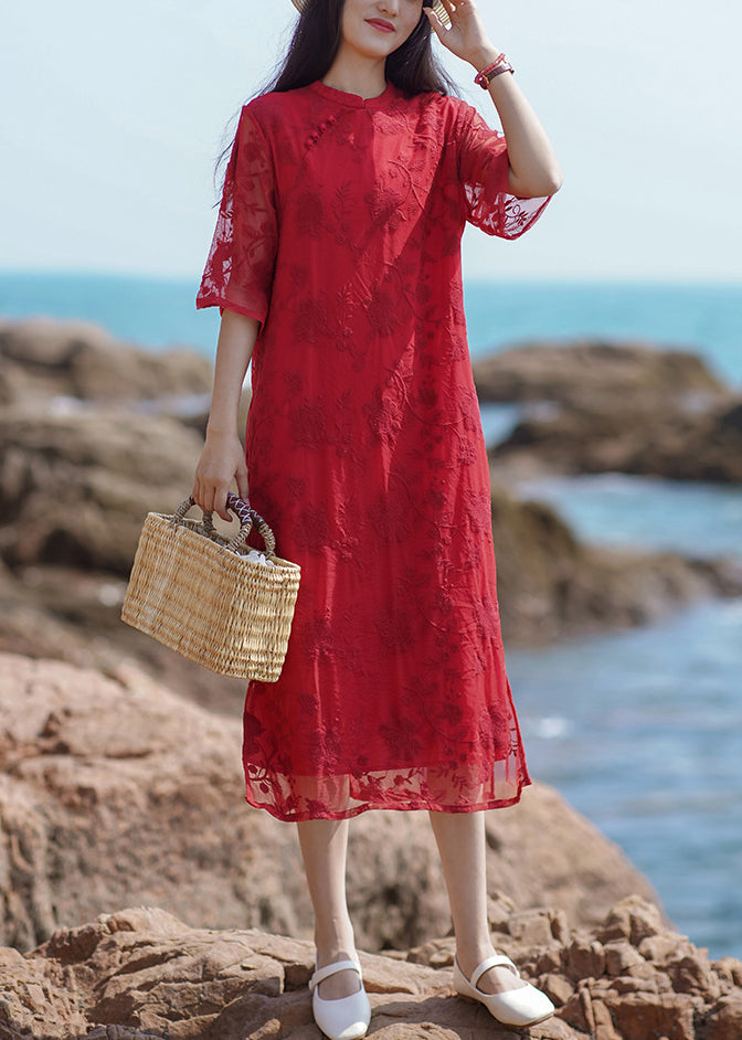 New Red Embroidered Side Open Dresses Half Sleeve