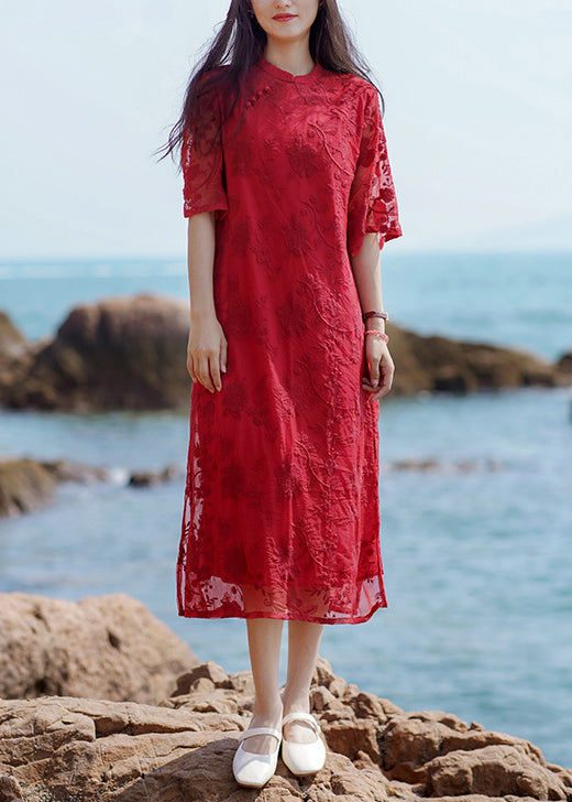 New Red Embroidered Side Open Dresses Half Sleeve