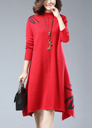 New Red Embroideried Side Open Patchwork Woolen Knitwear Dress Long Sleeve