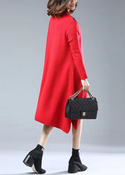 New Red Embroideried Side Open Patchwork Woolen Knitwear Dress Long Sleeve