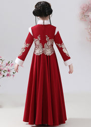 New Red Fur Collar Embroideried Button Warm Fleece Girls Maxi Dresses Winter