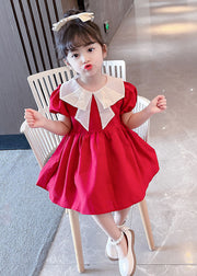 New Red Nail Bead Wrinkled Patchwork Cotton Baby Girls Dress Summer