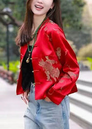 New Red O Neck Button Print Silk Coat Long Sleeve