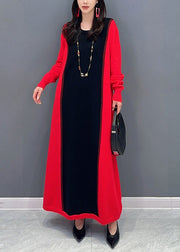 New Red O Neck Patchwork False Two Pieces Cotton Knit Long Dresses Fall