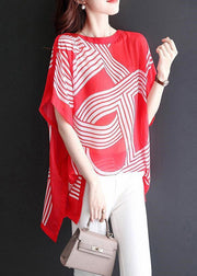 New Red O Neck Print Chiffon T Shirt Short Sleeve