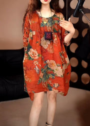 New Red O Neck Print Cotton Dresses Half Sleeve