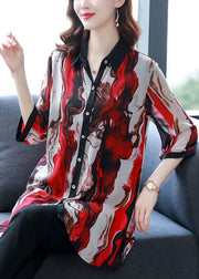 New Red Peter Pan Collar Print Button Patchwork Chiffon Shirts Bracelet Sleeve