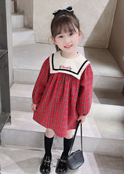 New Red Plaid Button Cotton Girls Dress Fall