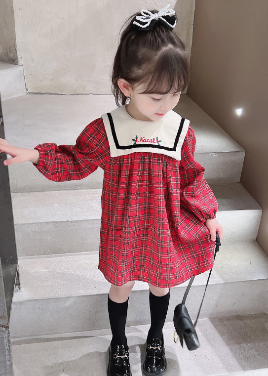 New Red Plaid Button Cotton Girls Dress Fall