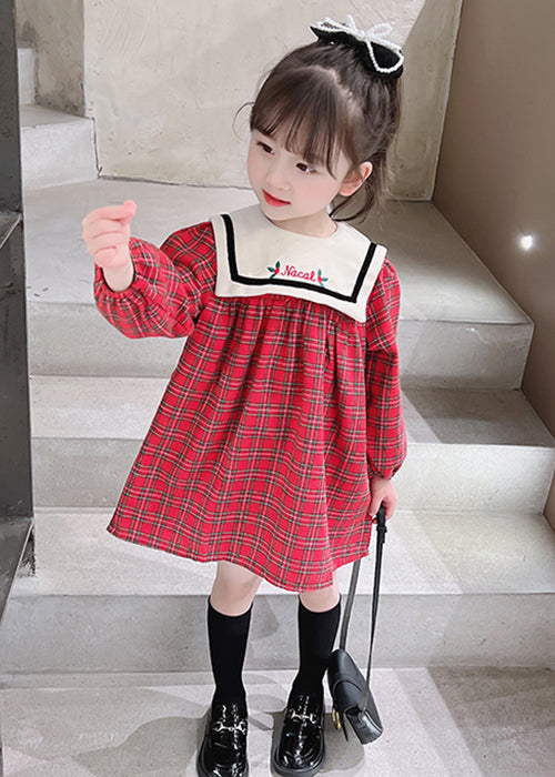 New Red Plaid Button Cotton Girls Dress Fall