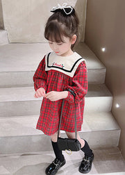 New Red Plaid Button Cotton Girls Dress Fall