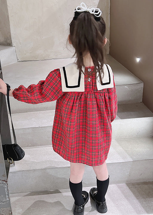 New Red Plaid Button Cotton Girls Dress Fall