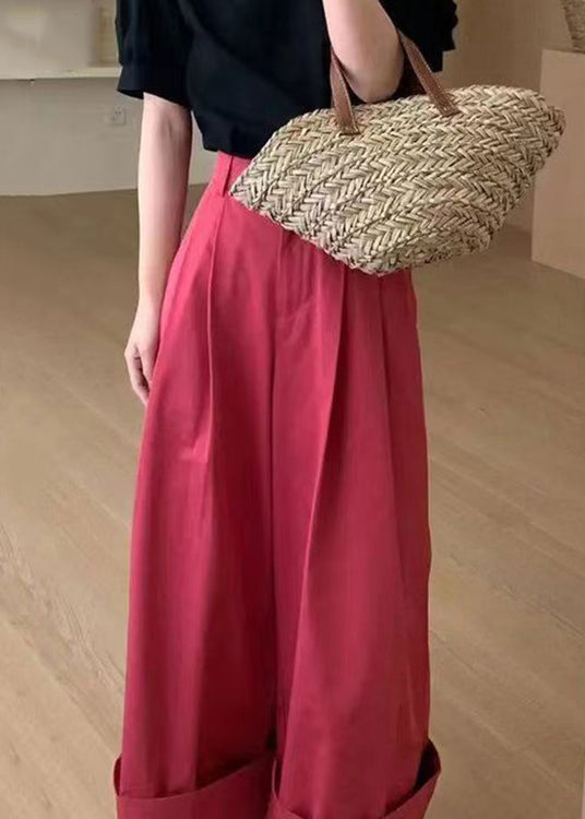 New Red Pockets High Waist Patchwork Cotton Wide Leg Pants Fall