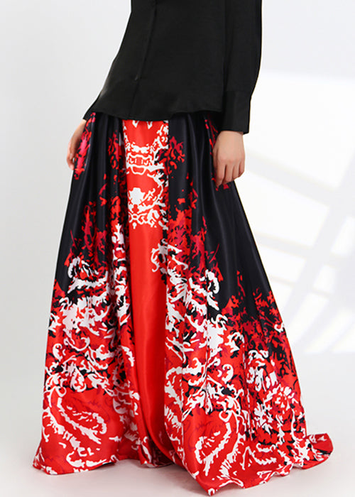 New Red Print Pockets High Waist Silk Skirts Spring