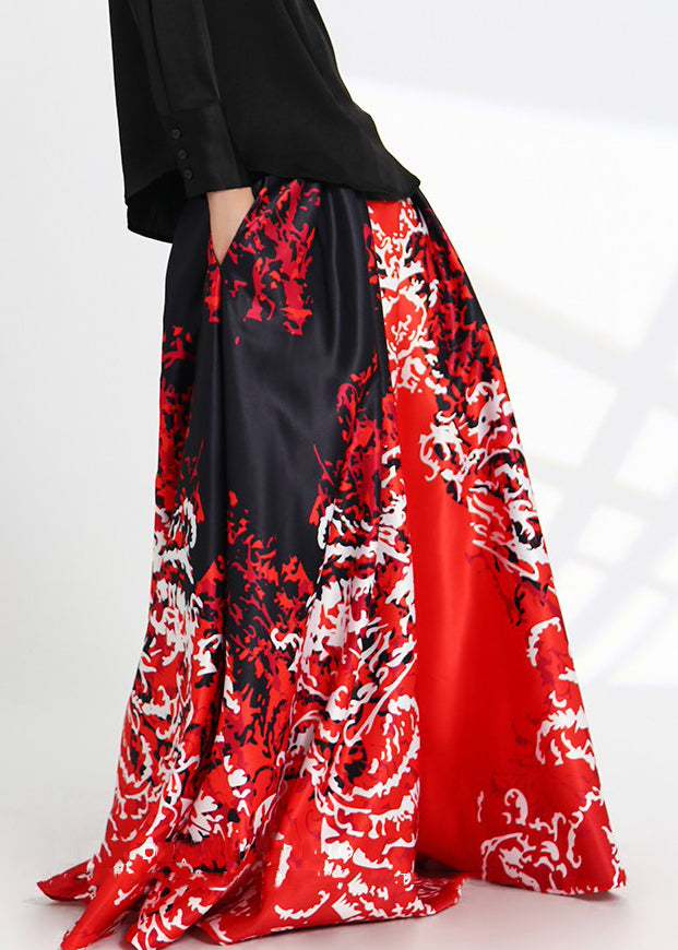 New Red Print Pockets High Waist Silk Skirts Spring