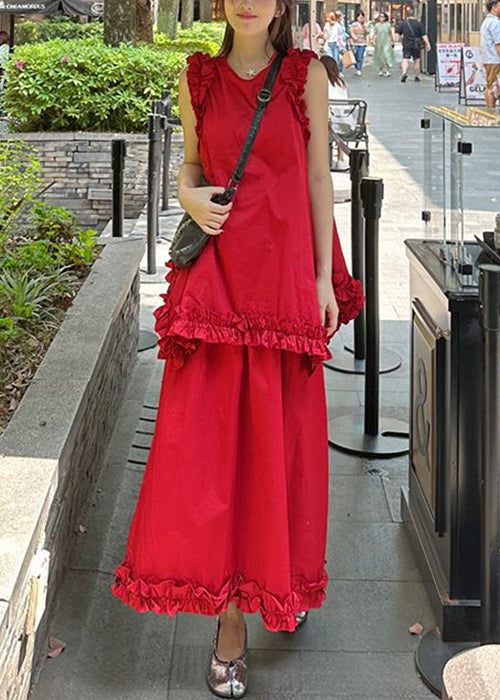 New Red Ruffled Tops And Skirts Cotton Two Piece Set Sleeveless