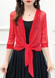 New Red Solid Lace Up Tulle Cardigan Half Sleeve