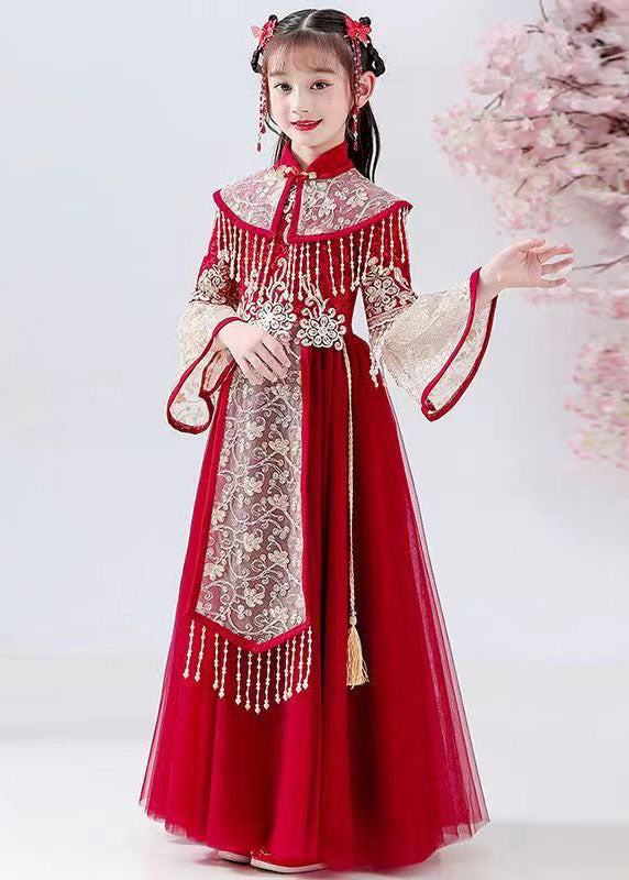 New Red Stand Collar Embroideried Tassel Tulle Kids Long Dress Fall