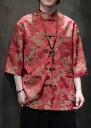 New Red Stand Collar Print Ice Silk Men Shirts Half Sleeve